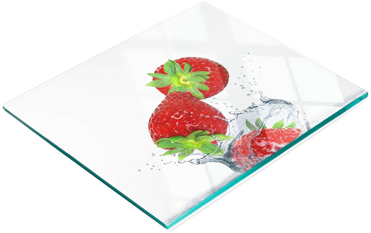 Keukenplank van gehard glas met afbeelding van vallende aardbeien, 60x52 cm