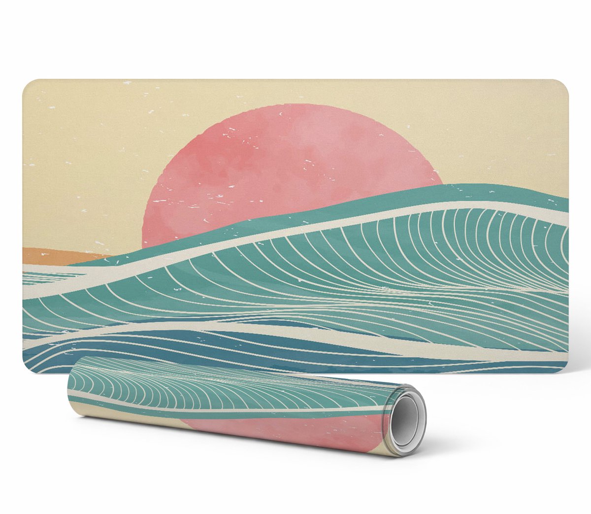 Moderne vinyl toetsenbordmat met golven en zonsondergangmotief, 120x60 cm