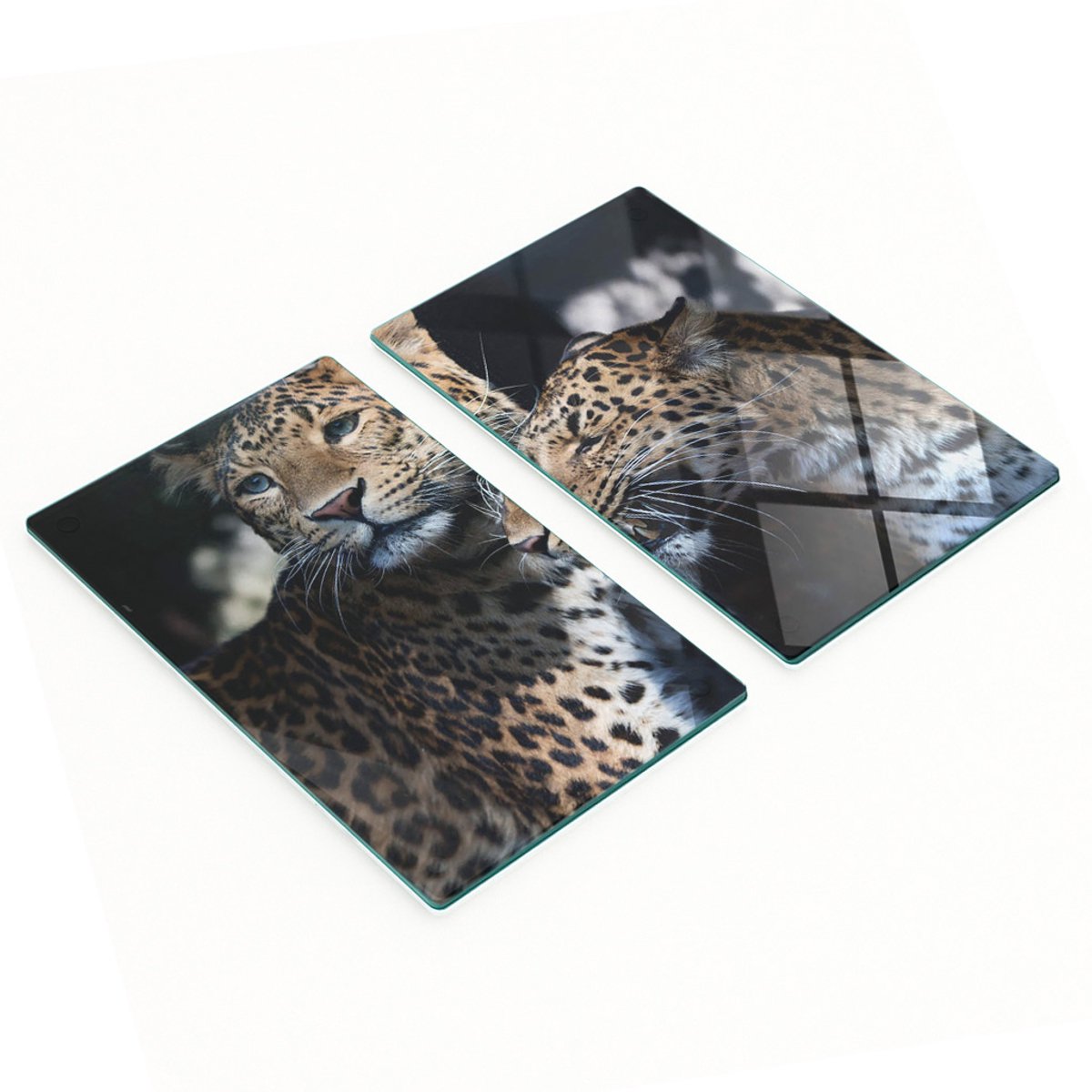 Glazen serveerplanken voor in de keuken met twee luipaardprints, 2x30x52 cm