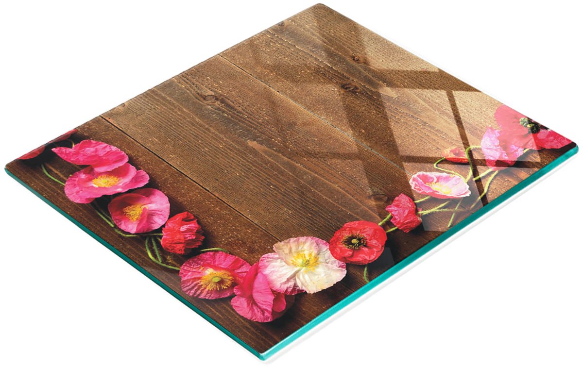 Decoratieve serveerplank van glas met roze klaprozen, 60x52 cm