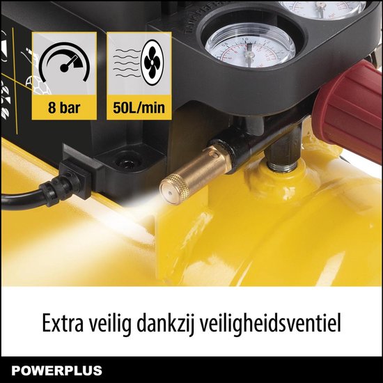 Close-up van de gele Powerplus compressor. Drukmeters en aansluitingen zichtbaar.