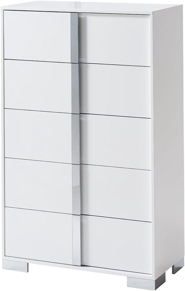 Commode met 5 laden 80x40x127,5 cm – Hoogglans witte ladekast met spiegelgrepen – Moderne opbergkast slaapkamer, woonkamer en hal – Luxe dressoir met ruime lades en metalen poten – Laura