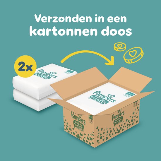 Twee pakken Pampers Baby-Dry Pants luierbroekjes naast een open kartonnen doos met 2 pakken erin.