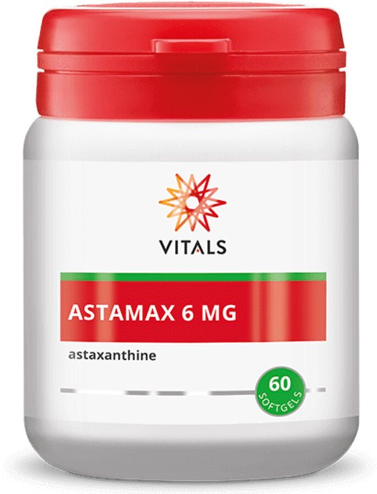 Vitals Astamax 6 mg softgel pot met rode dop. Bevat 60 softgels.