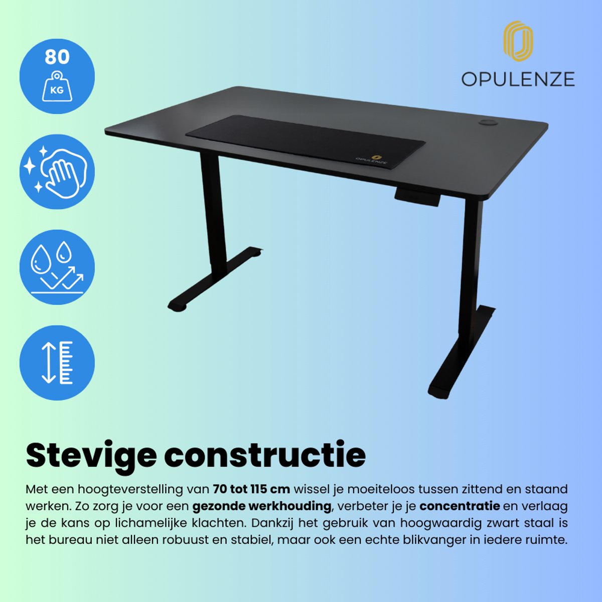 Opulenze Alto nero XL – Elektrisch verstelbaar zit/sta-bureau – Zwart – 80×160 cm inclusief Mousepad