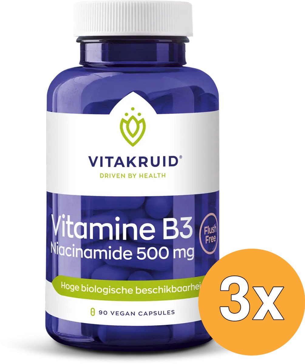 3x Vitakruid Vitamine B3 Niacinamide 500 mg Flush Free (90 vega capsules)