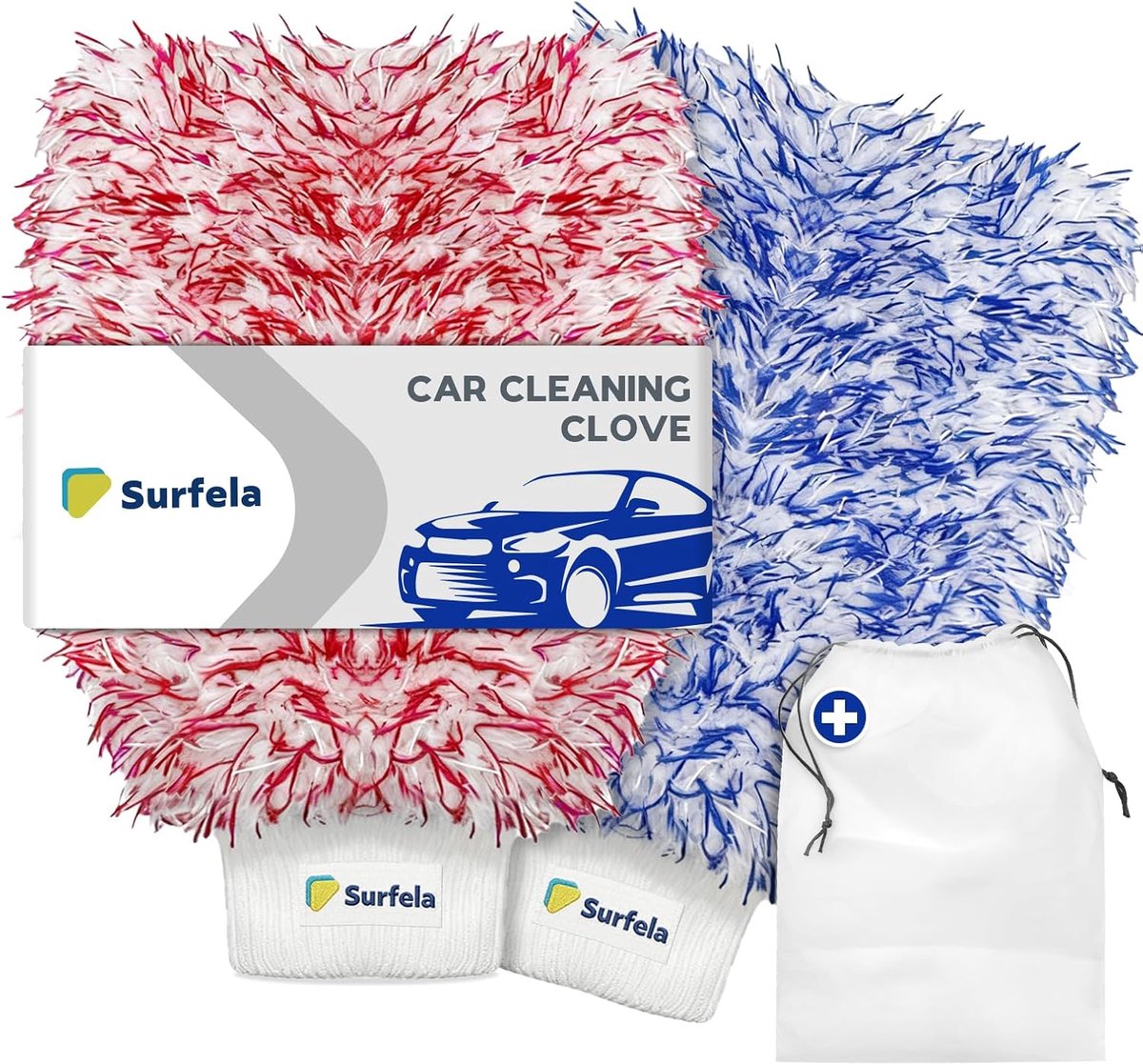 Autowashandschoen Microvezel - Krasvrije Doek - Auto Reinigen - Ultra Absorberend - 25 x 17 cm - Blauw en Rood
