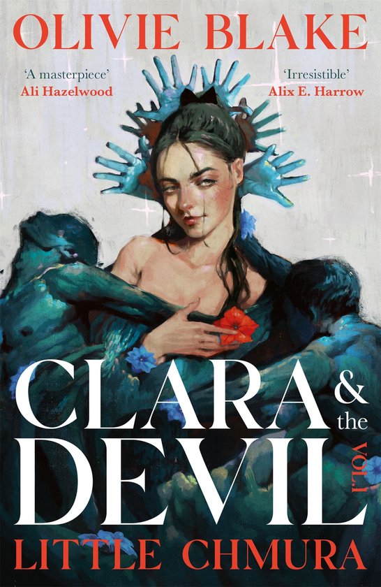 Boekomslag van "Clara & the Devil" van Olivie Blake, met een vrouw met blauwe handen op haar hoofd en om haar heen.