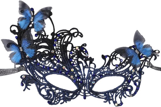 Blauw Venetiaans Kant Oogmasker met Strass Vlinder voor Carnaval en Maskerbal