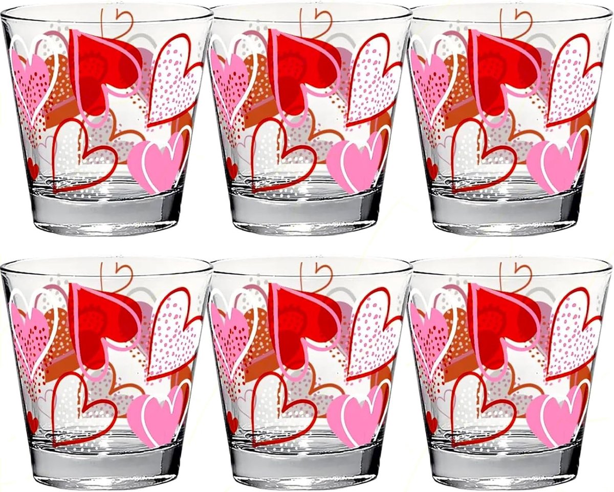 Set van 6 Waterglazen met Hartjesprint - 250 ml - Vaatwasmachinebestendig Borrelglas