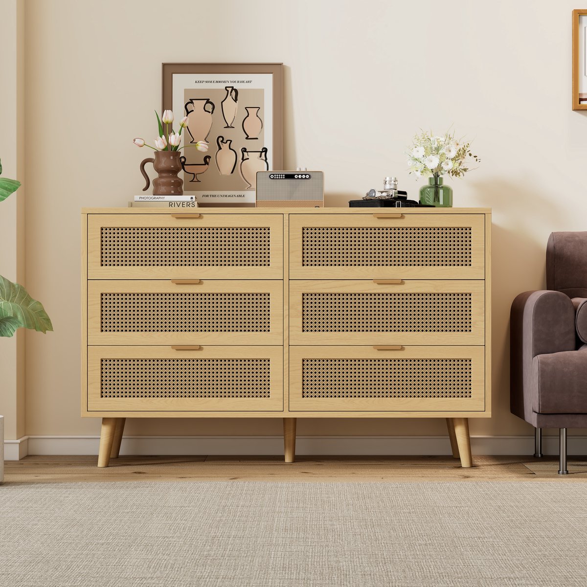 REDOM Ladekast Met 6 Laden - Rotanlook En Metalen Grepen - Retro - Voor Slaapkamer - Spaanplaat - 120 x 76,5 x 40 cm Eik