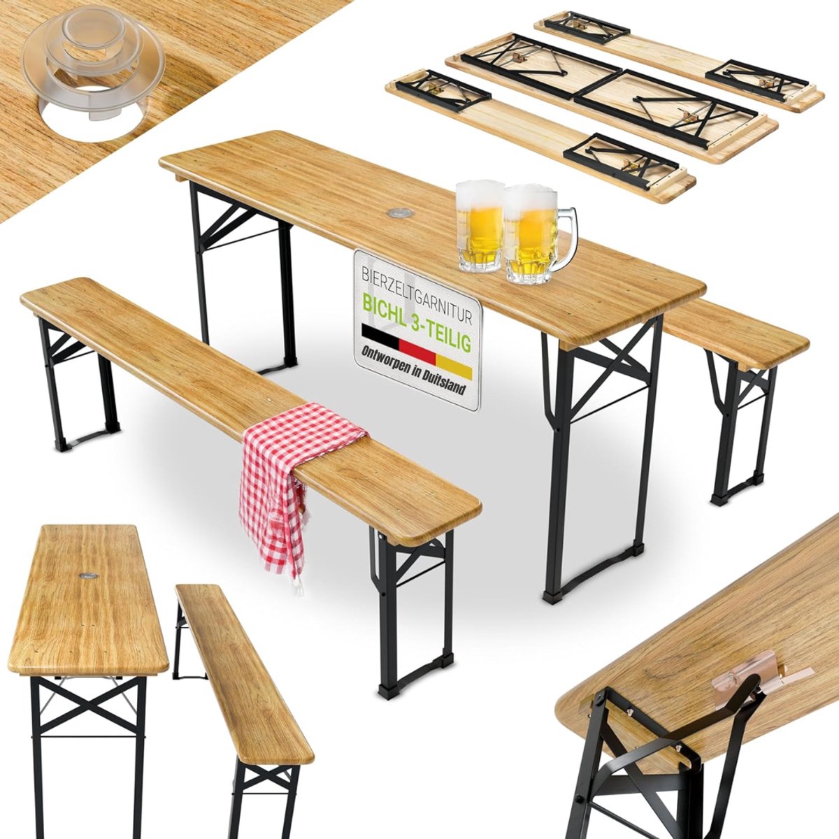 Quvo® Biertafel - Biertafels - Biertafelset - Bruin - 140cm x 46cm x 14cm