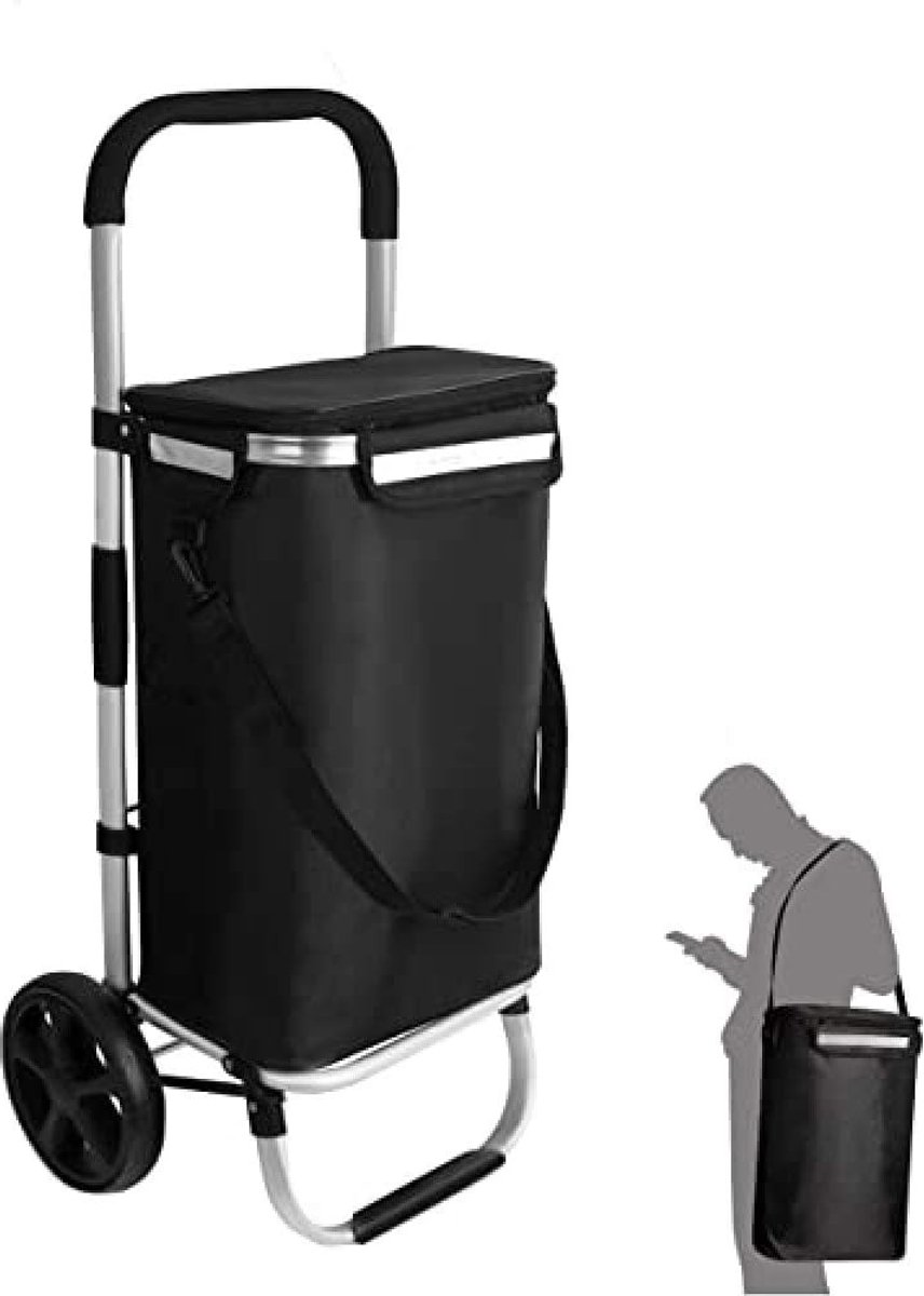 Boodschappentrolley - Boodschappenwagen - Extra Groot en Sterk -Stalen Frame - Grote Wielen - Lichtgewicht - Opvouwbaar - Afneembare Boodschappentas - Waterafstotend - Zwart