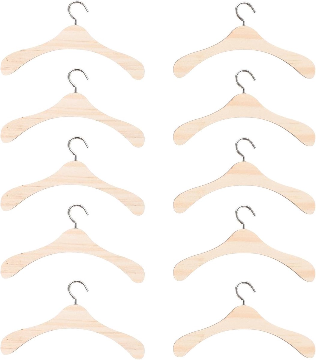 Poppenkleerhangers Houten Set - Miniatuur Hangers - Poppenhuis Decoratie - 20 Stuks Inbegrepen - 12 cm Lengte - Lichtbruin