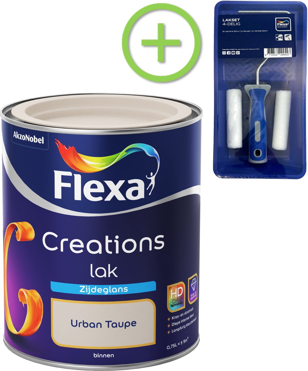 Flexa - Creations Lak Zijdeglans - Urban Taupe - 750 Ml + Gratis Flexa Lakset 4-Delig