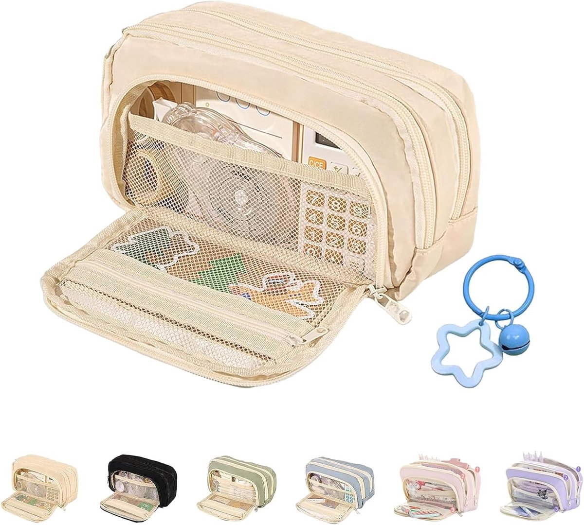 Groot Etui - Pennenzak Opbergtas - Kantoor School - 3 Vakken Rits - 21x12x7 cm - Beige