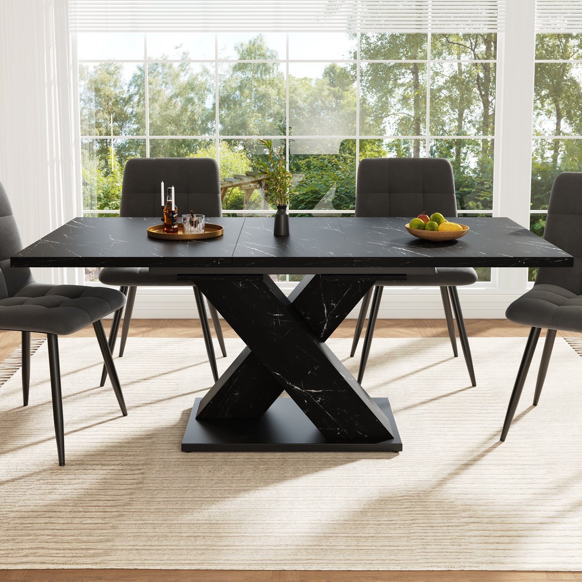 REDOM - Uitschuifbare Eettafel - X-Vormig Onderstel - Modern - Keuken En Eetkamer - MDF En Metaal - Zwart Marmerlook - 119,5-158,5 x 80 x 75 cm