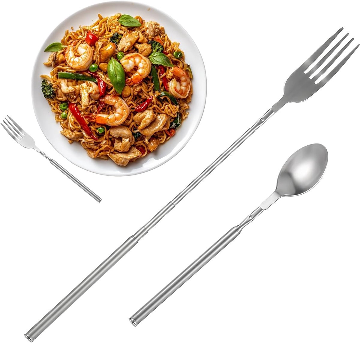 Eetvork Set - Uittrekbare Vorken - Keuken Restaurant - Met Ronde Rand - 65 cm Lang - Zilver