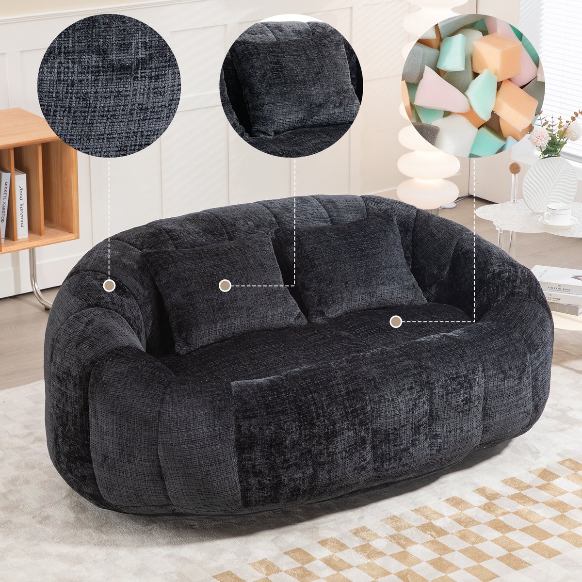 Intebiki Volwassen Highback Zitzak Stoel-Corduroy Stof-Indoor Woonkamer Gaming Zitzak Ligstoel met Ergonomisch Ontwerp-145 x 95 x 63 cm-Inclusief twee kussens - Geschikt voor slaapkamers en kantoren-zwart