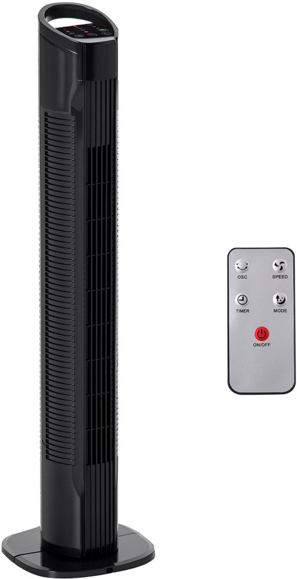 Zwarte HOMCOM torenventilator 50W, 3 standen, afstandsbediening, timer, stil, 70° oscillatie, kunststof 20×78 cm