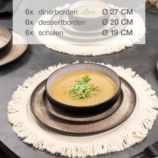 Moritz & Moritz Service d'assiettes - 18 pièces - Zwart- Céramique Beige