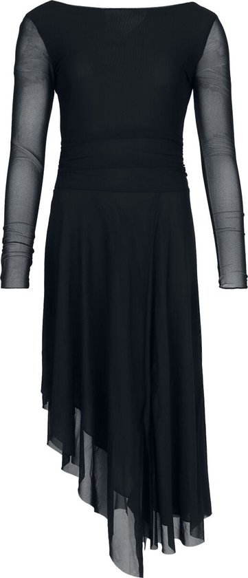 Robe midi noire à manches longues en résille, corsage drapé et ourlet asymétrique.