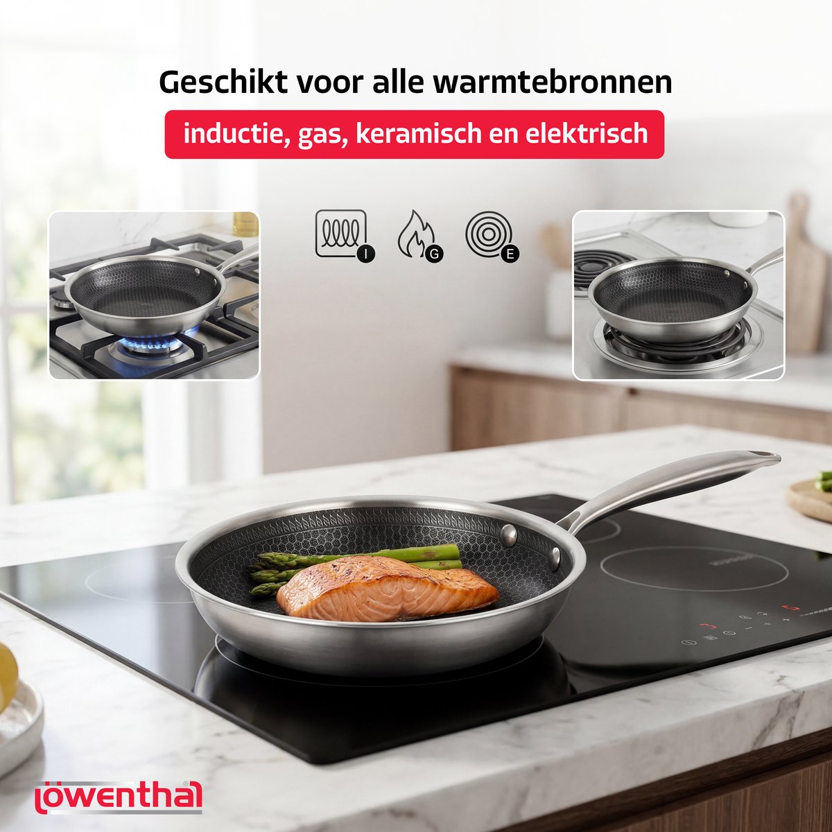 Koekenpannenset 3delig Ø 20, 24, 28 cm - PFAS Vrij & PTFE Vrij - RVS Honingraat - Inductie, Elektrisch, Keramisch & Gas - Hexagon Anti Aanbak Pan Krasvrij - Koudgrepen - Oven tot 280°C - Duurzame Keramische Coating - Keukengerei - Koken - Löwenthal — cadeau in Koken & Dineren - foto 7