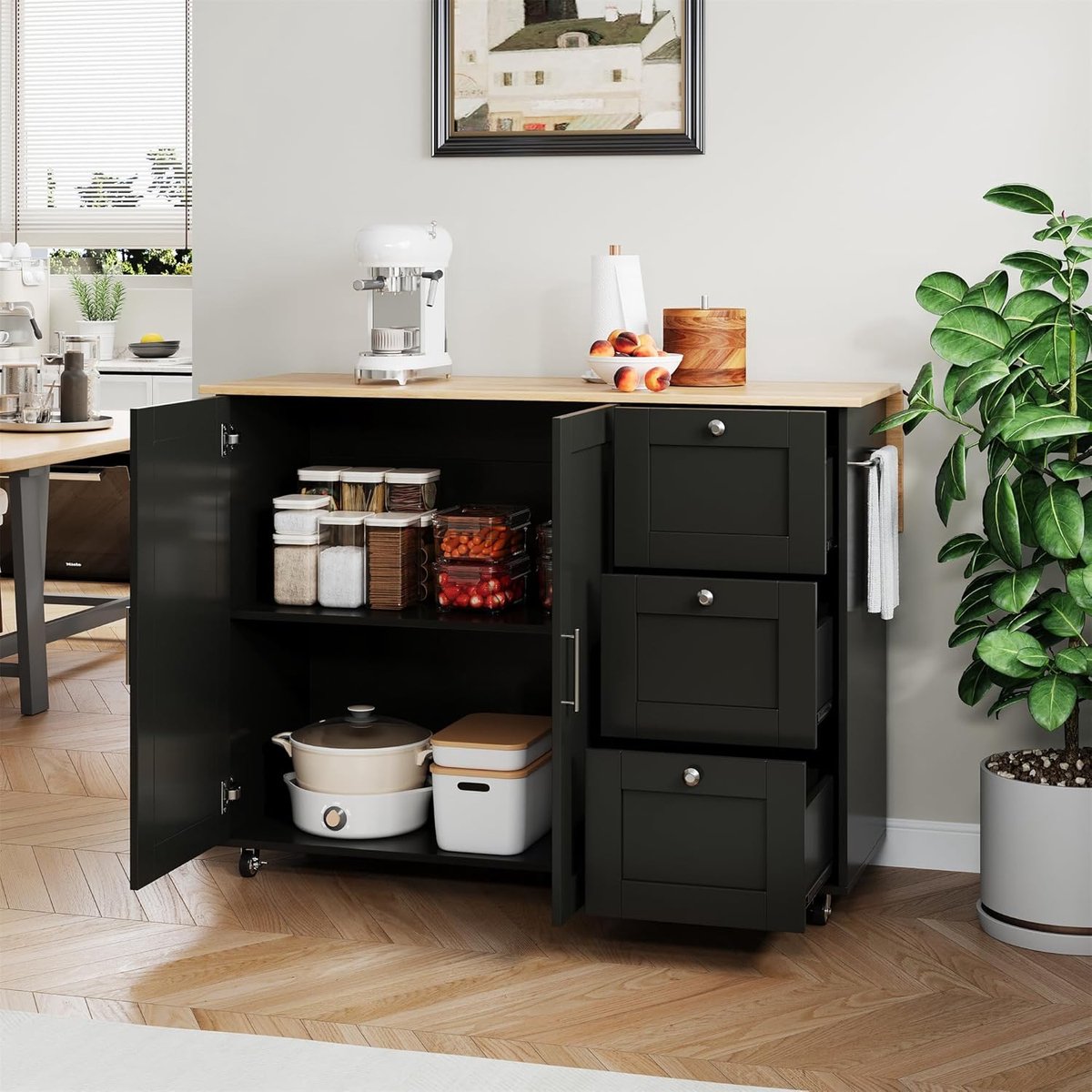 Keuken Eiland - Keuken Trolley - Extra Werkruimte - Inklapbaar Blad - 135x44x90cm - Zwart