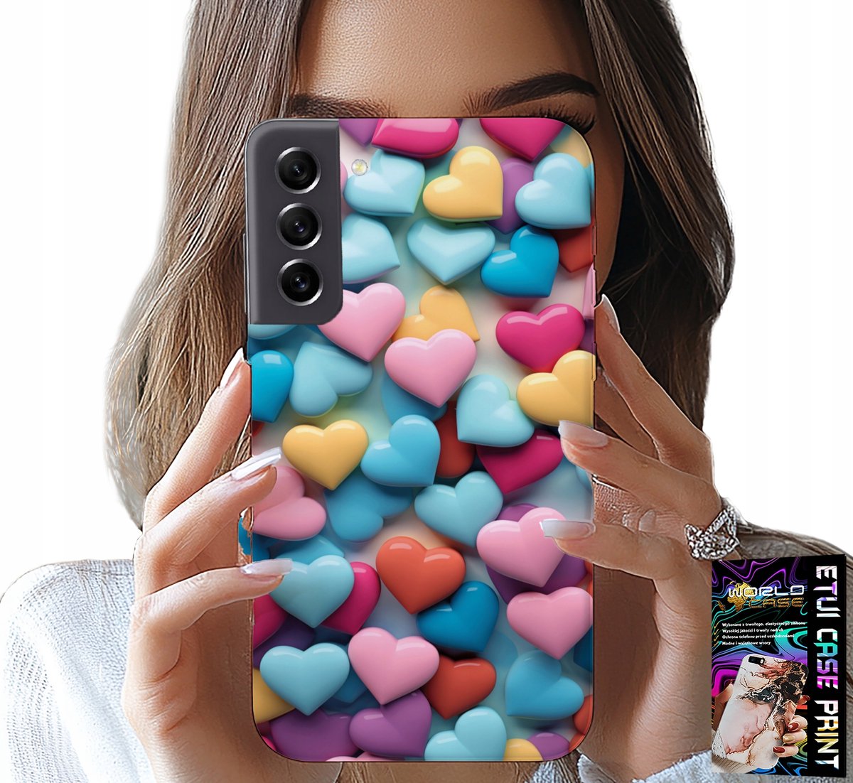 HOESJE VOOR SAMSUNG GALAXY S22 PLUS - KLEURRIJKE HARTJES, MOGELIJKHEID TOT PERSONALISATIE