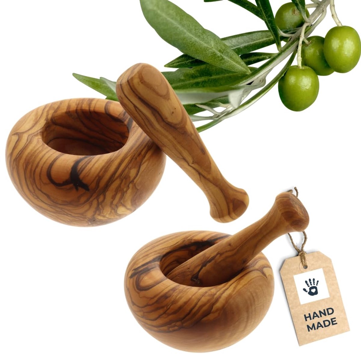 Mortier met stamper - Kruidenmolen set - Specerijen malen - Massief olijfhout - 10 x 10 x 5 cm