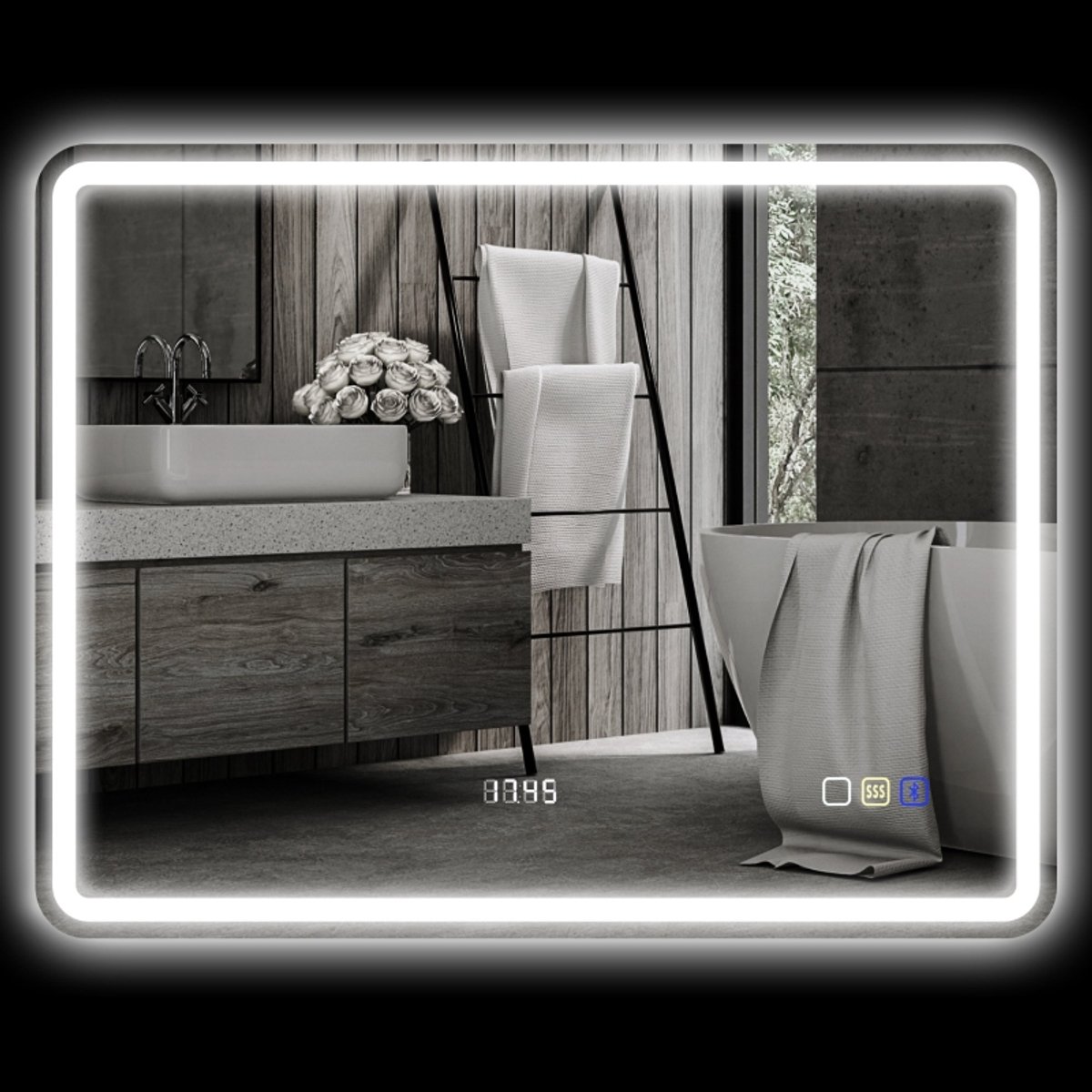 MODFU - Badspiegel - Met Verlichting En Klok - Muziekfunctie - Voor Badkamer - Glas - Zilver - 70 x 90 cm