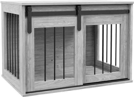 Grijze hondenbench met schuifdeuren en zwarte spijlen.