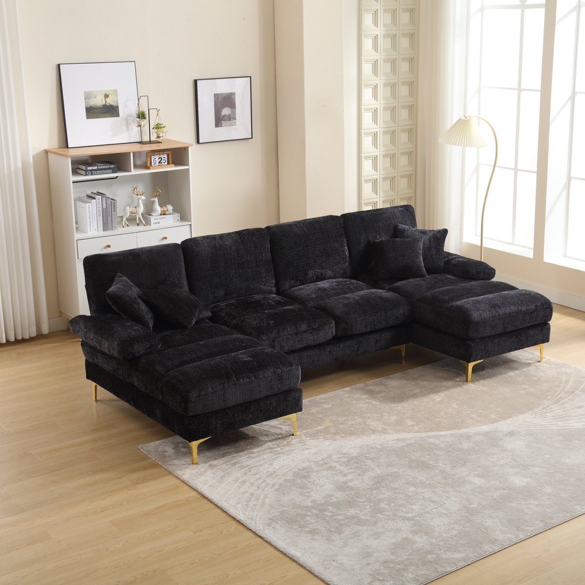 MODFU U-Vormige Hoekbank - Met Dubbel Liggedeelte En Ergonomische Zitting - Modern - Voor Woonkamer - Chenille - Zwart - 272 X 136 X 88 Cm