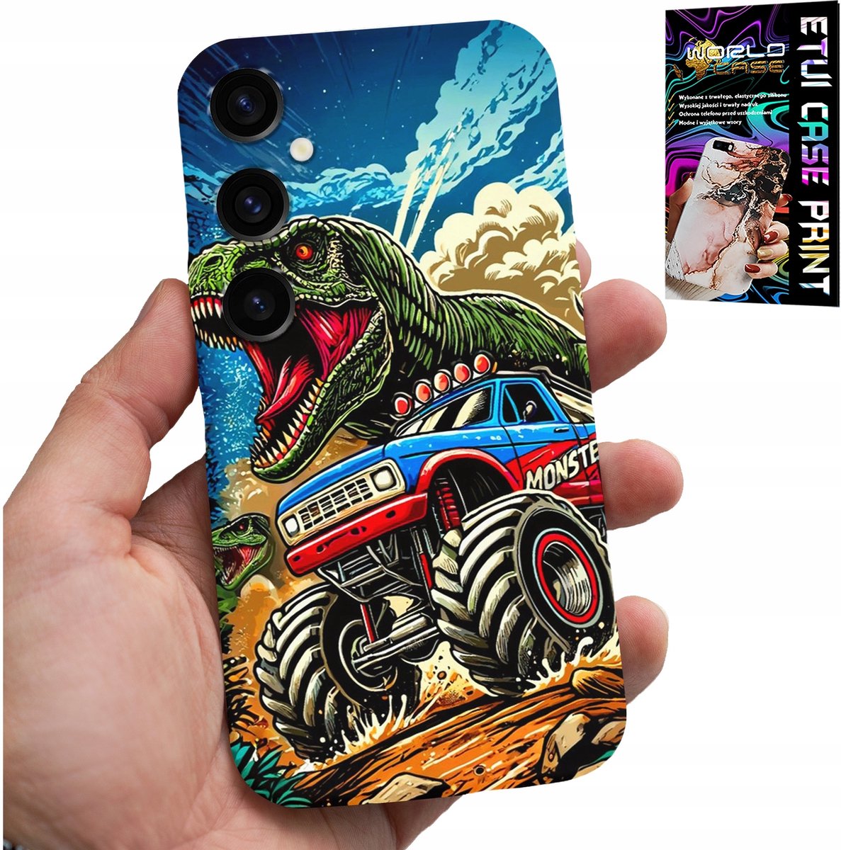 SAMSUNG GALAXY S25 PLUS HOESJE - DINOSAURUS IN MONSTERTRUCK PATROON VOOR KINDEREN