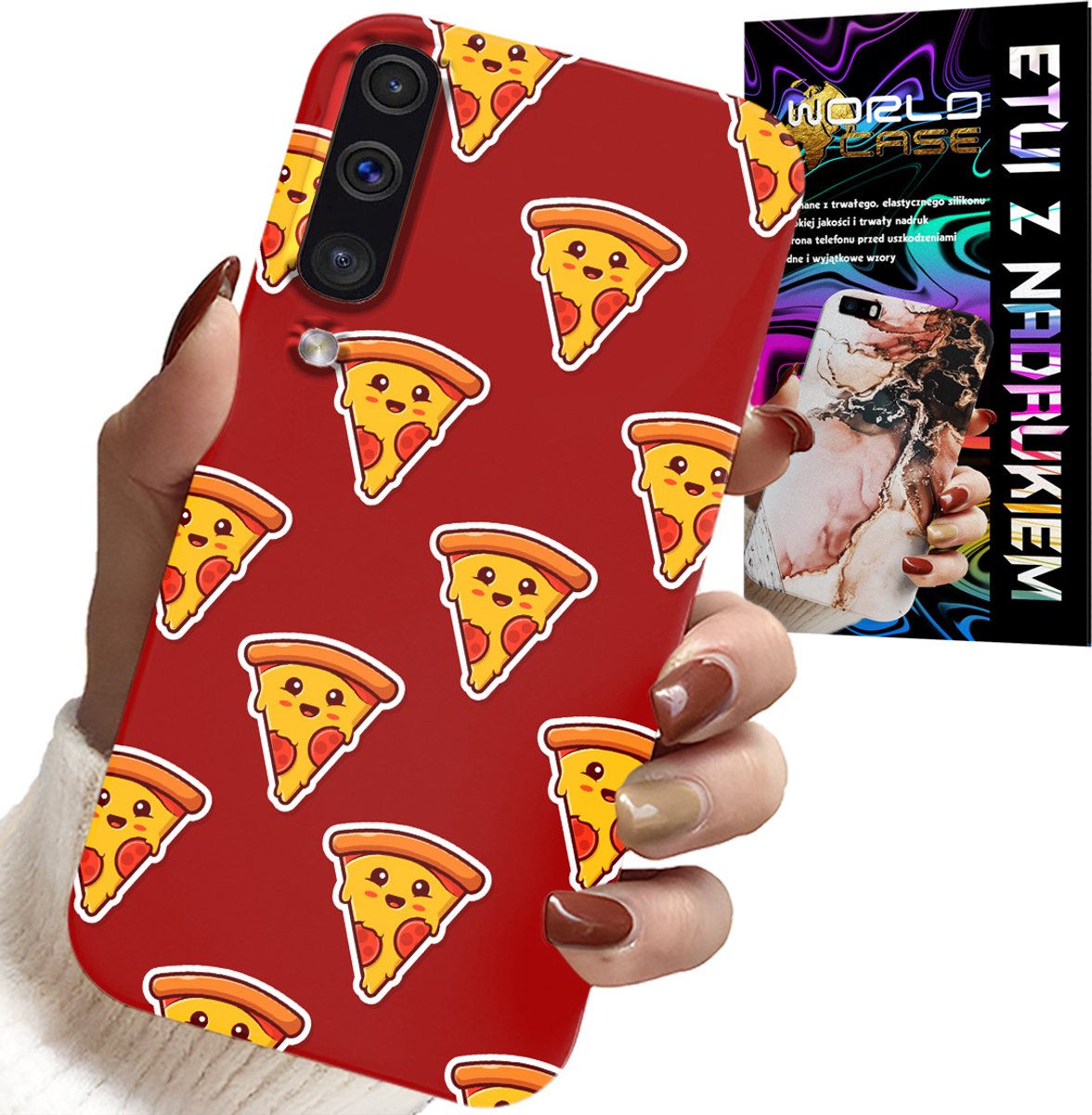 HOESJE VOOR SAMSUNG GALAXY A70 - HAPPY PIZZA PATROON OP EEN RODE ACHTERGROND