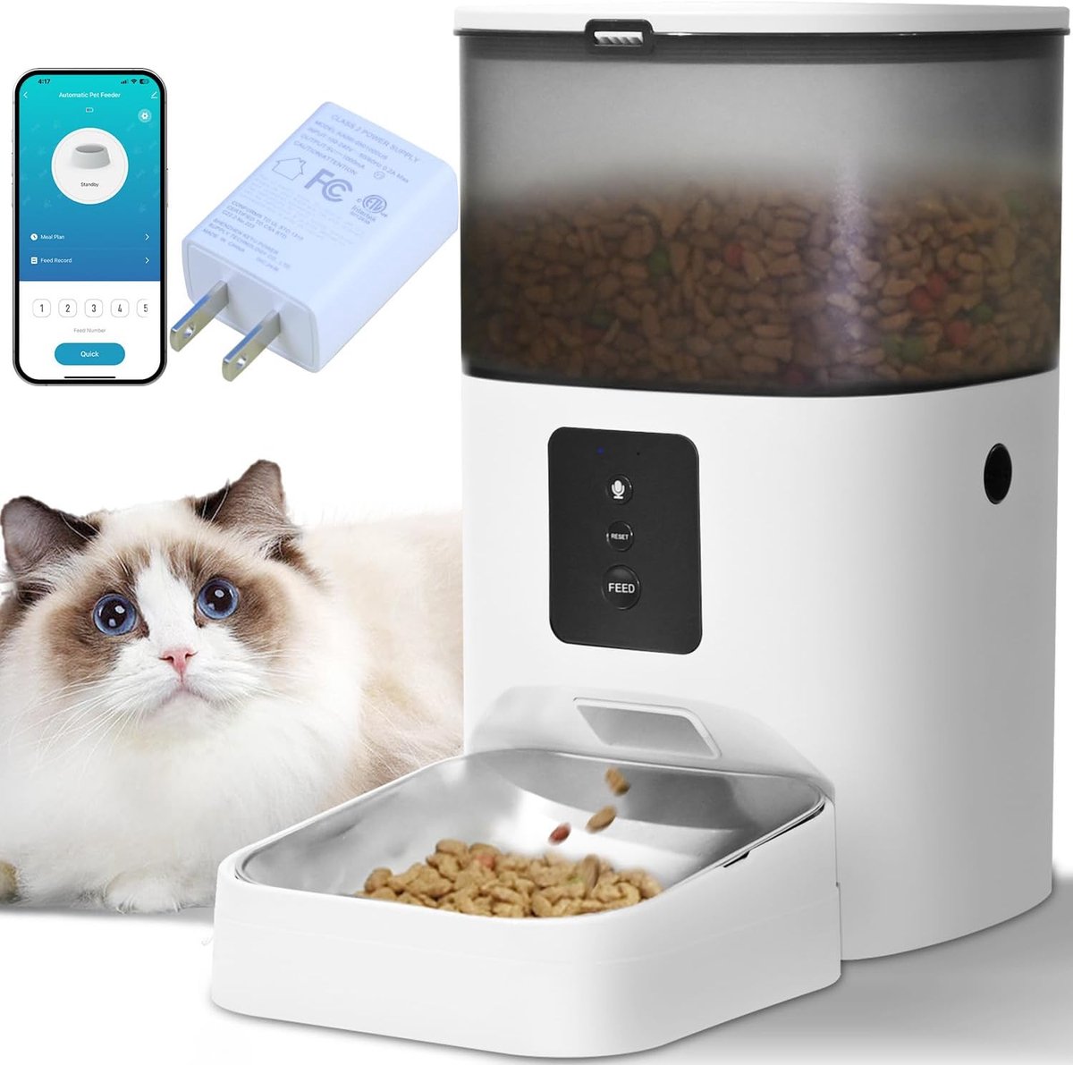 Automatische kattenvoeder - Voerdispenser huisdier - Zelfstandig voeren - Met spraakrecorder - 4 liter capaciteit - Wit