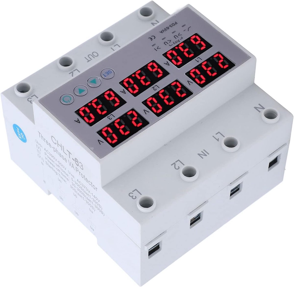 Driefase Voltmeter Ammeter - Spanningsmeter Stroommeter - Montage Rail Bescherming - Instelbare Over en Onderspanning - 390-500V 63A - Grijs