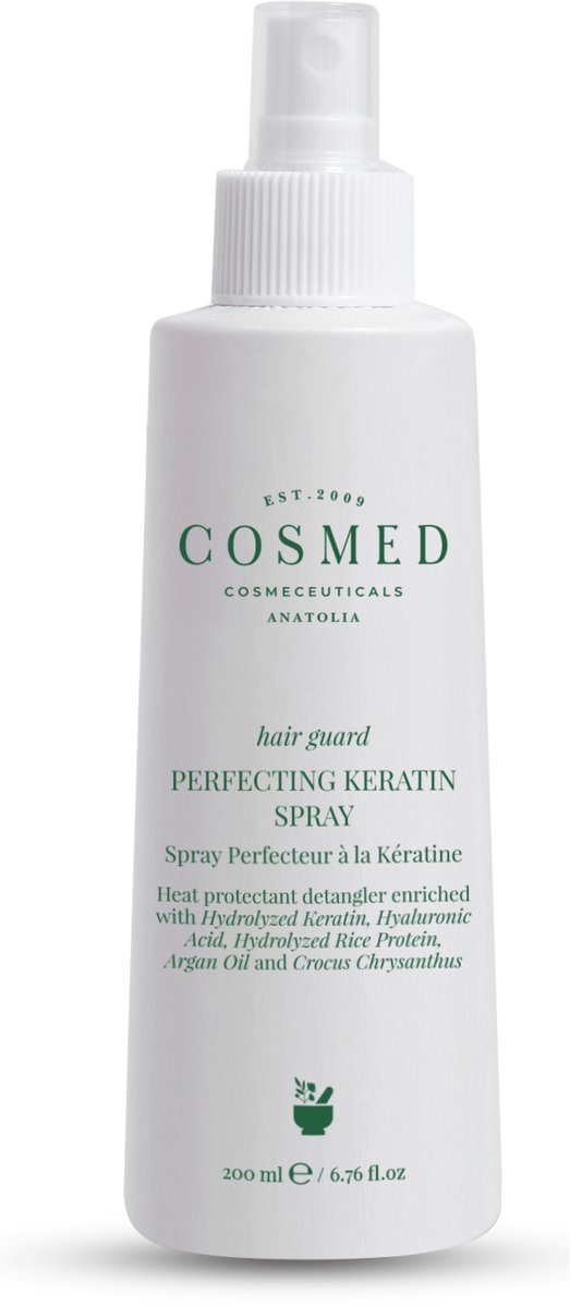 Cosmed Hairguard Keratin Spray – Leave-In Haarspray voor UV en Hittebescherming – Met Hyaluronzuur, Arganolie – Anti-Frizz Haarverzorging voor Glans en Herstel – 200 ml