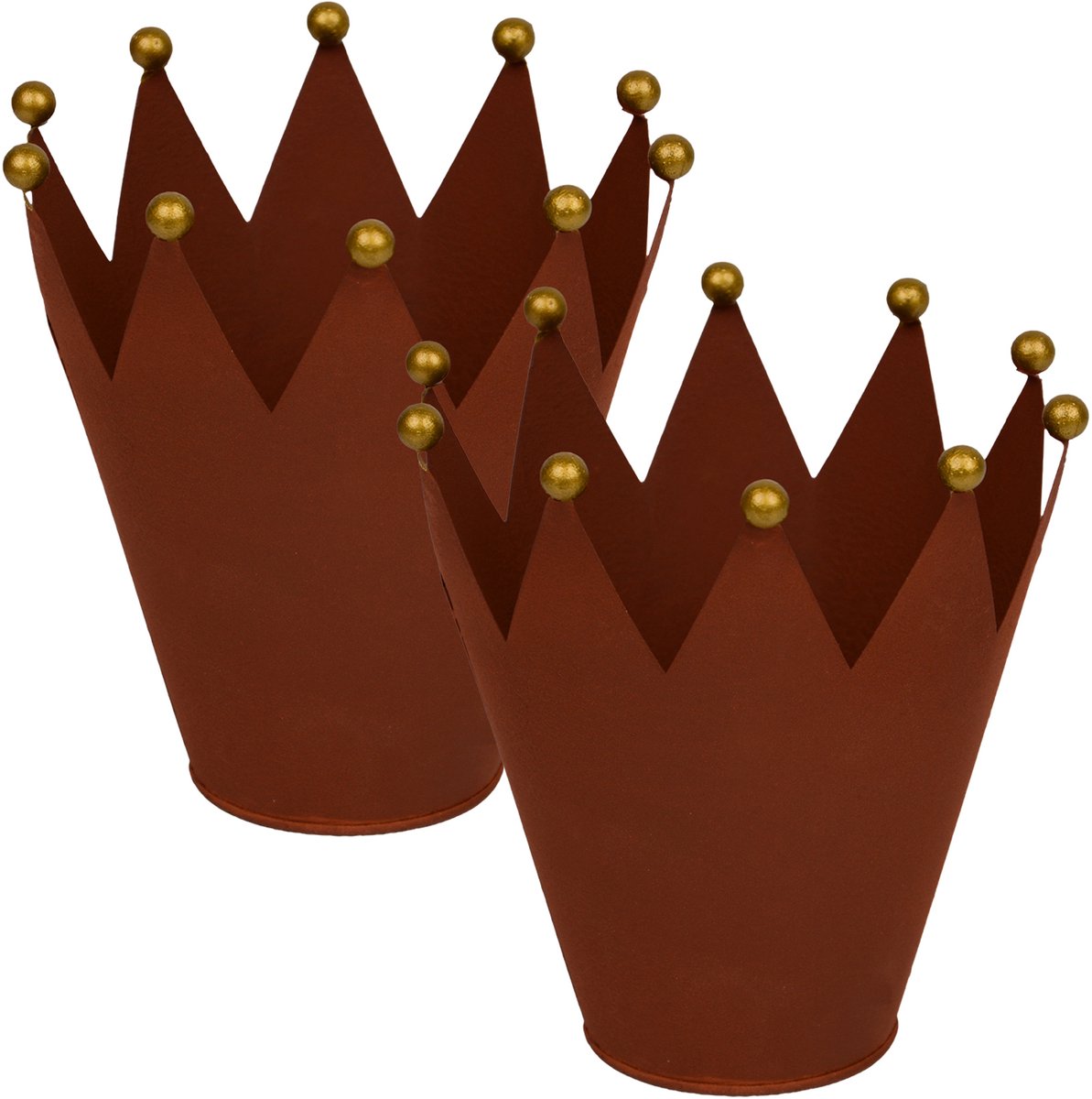 UNUS® Zinken kroon plantenpot met gouden bollen 16 cm roestlook set van 2 tuindecoratie kandelaar bloempot