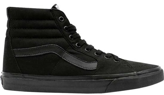 Zwarte Vans SK8-Hi sneaker, zijaanzicht van de binnenkant met kenmerkende stiksels.