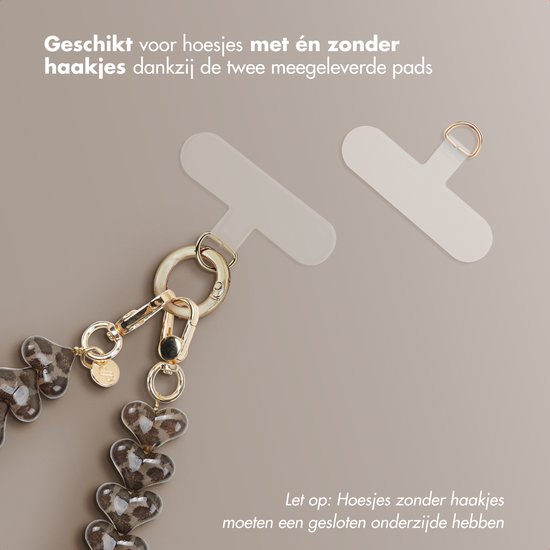 Twee dunne, transparante pads met goudkleurige oogjes, bedoeld voor telefoonhoesjes.