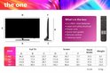 Afmetingen en inhoud van de doos voor Philips tv 'the one': afstandsbediening, standaard, kabels.