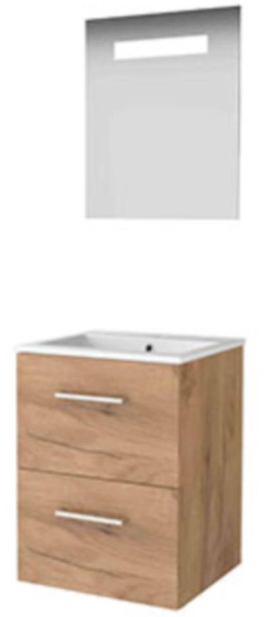 Basic-Line Economic 46 Badkamermeubelset - 50 x 46 cm - Met Grepen - 2 Lades - Keramische Wastafel - 1 Kraangat - Spiegel met LED Verlichting - Whisky Oak