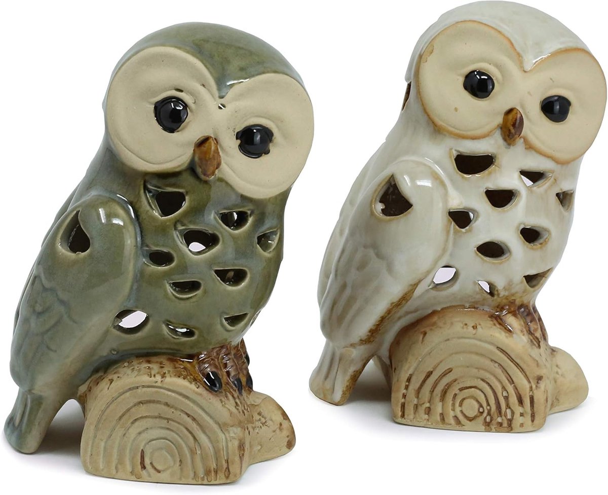 Windlicht Uil - Uiltjes Set - Sfeerverlichting Binnen - Zittend op Boomstam - Ca 15 Cm Hoog - Beige Groen