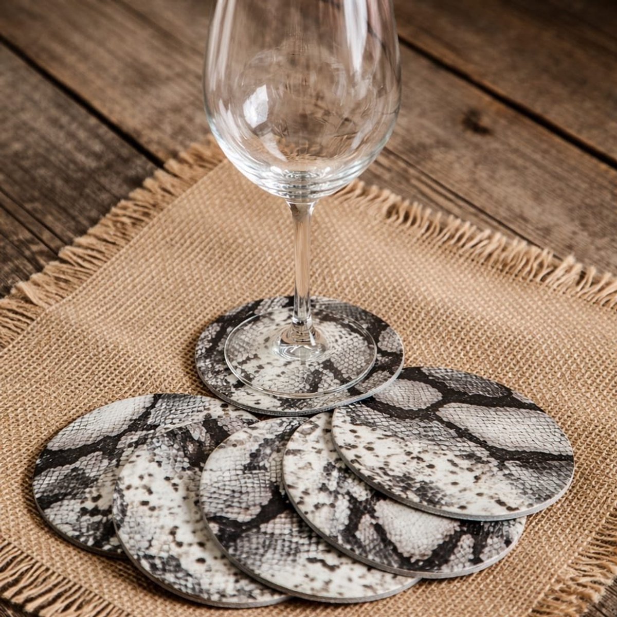 leren onderzetters Slangen print rond set van 6 stuks