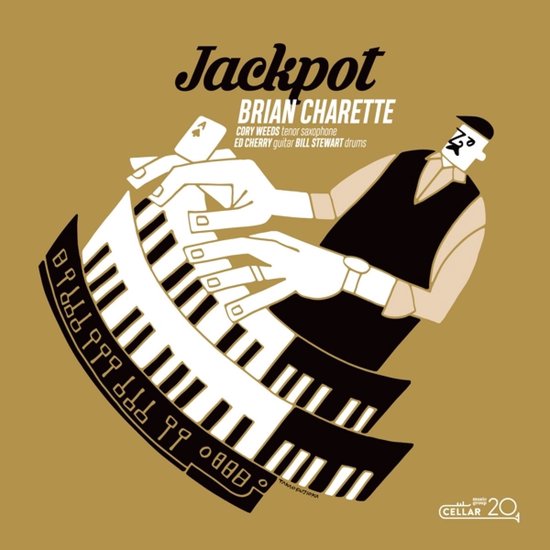 Albumhoes met illustratie van handen op een piano en een man met vest en pet. Titel: Jackpot.