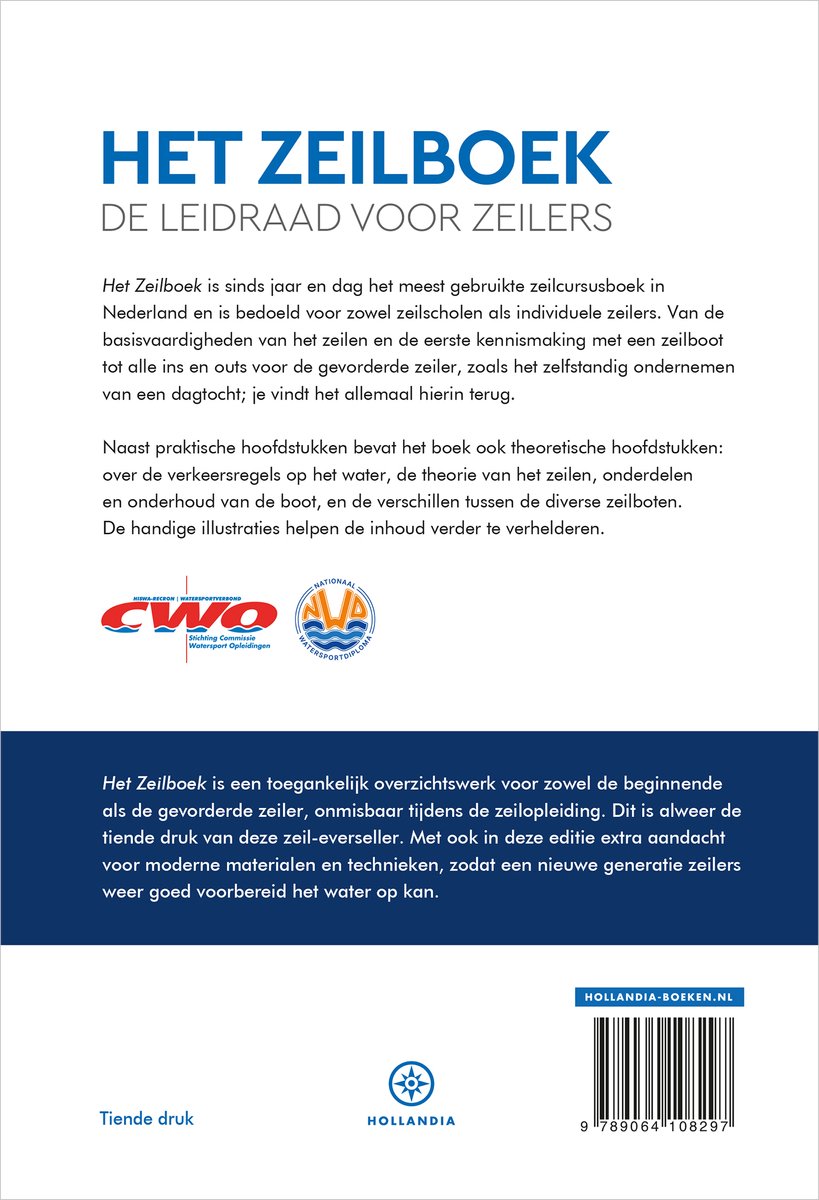 Boek met de titel 'HET ZEILBOEK' en een beschrijving in het Nederlands. Tekst op de achterkant van het boek.