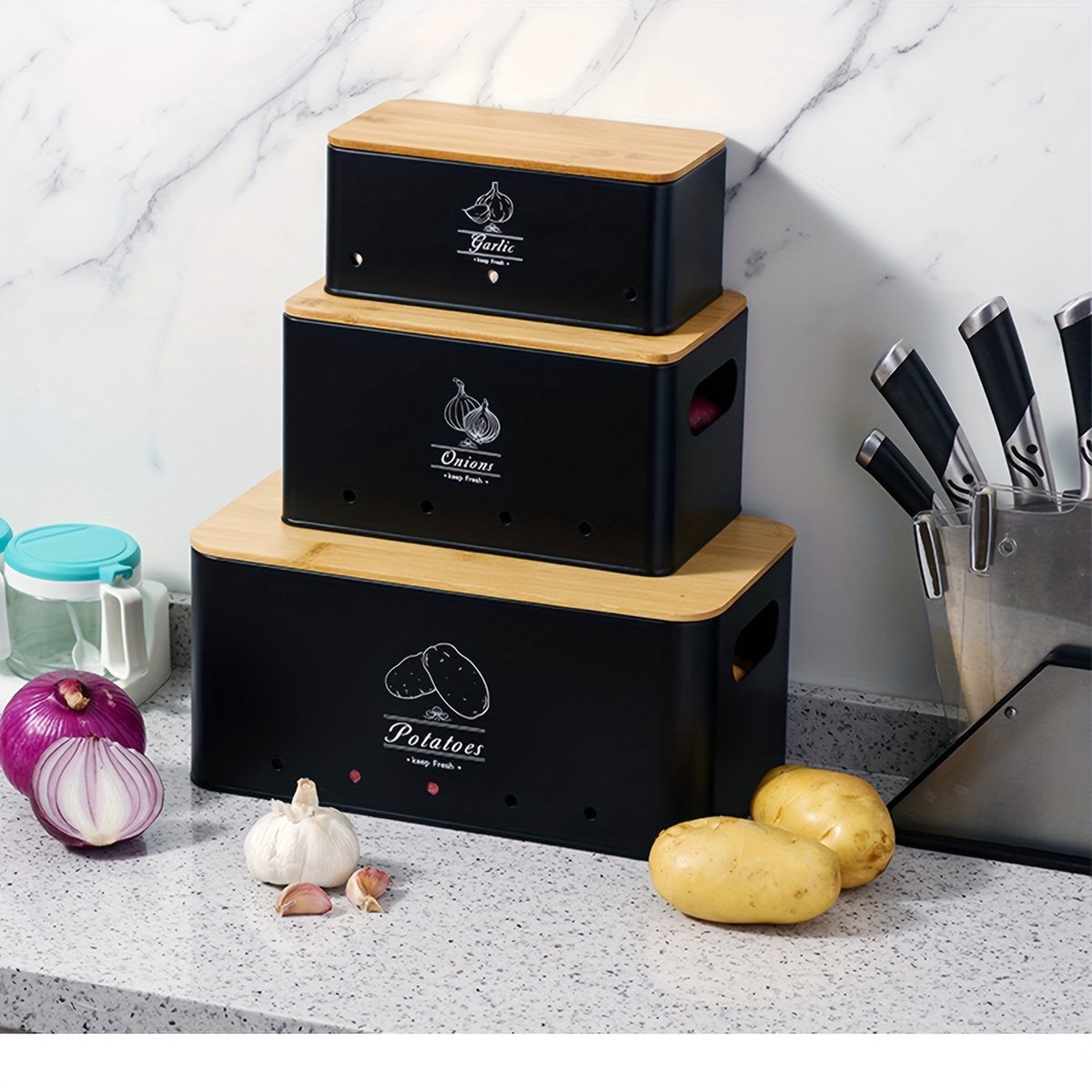 Set van 3 Opbergcontainers voor Aardappelen, Uien en Knoflook – Rechthoekig, Vriezerbestendig, Met Deksel – Zwart