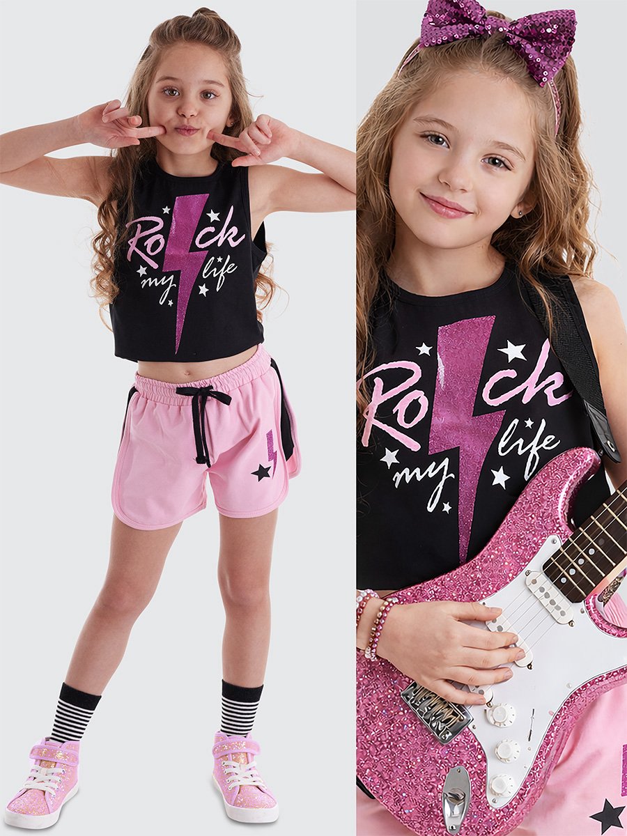 MSHB&G MS-21Y1-020 Roze Meisjes Crop T-Shirt & Shorts Set Rockprint 116