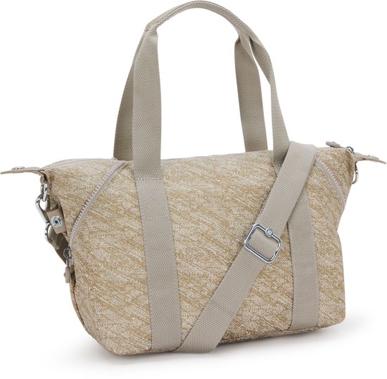 Beige Kipling ART MINI damestas met goudkleurige spikkelprint, korte handvatten en een verstelbare schouderband.